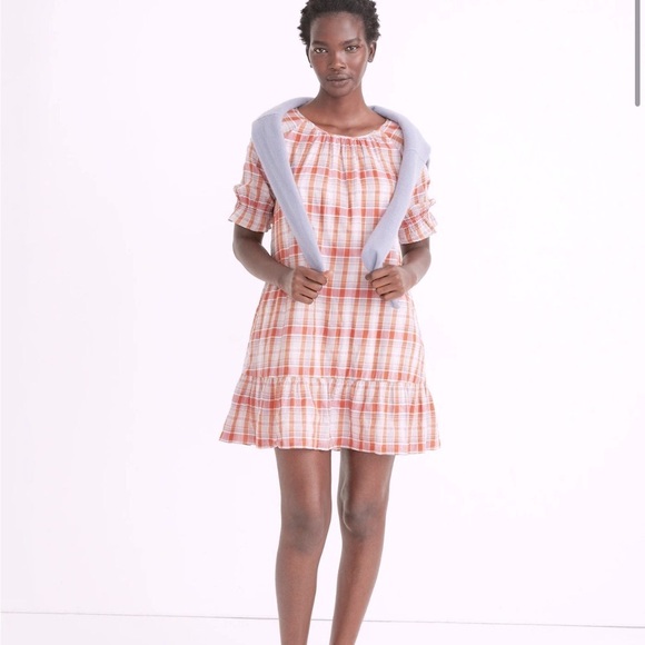 Madewell Plaid Ruffle-Sleeve Popover Mini Dress - Picture 1 of 10